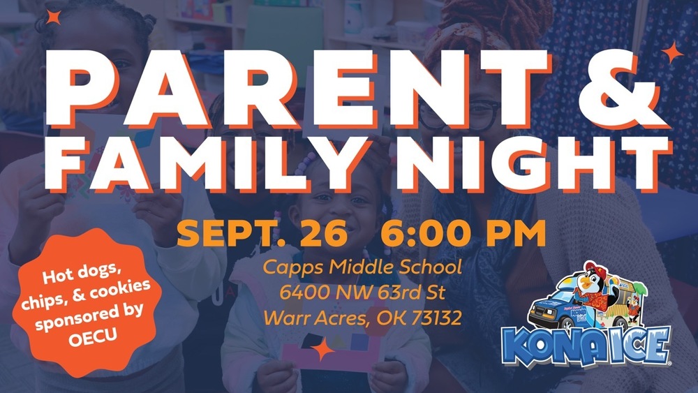 Parent & Family Night September 26 at 6pm, Capps Middle School